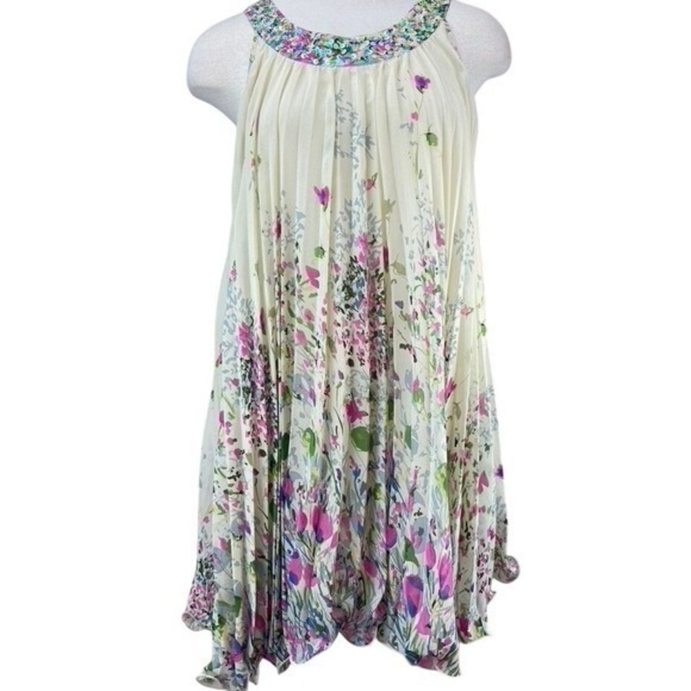 SARA‎ SARA Juniors (16) Trapeze Pleated Floral Dress Sequins Lined Ruffled Fairy